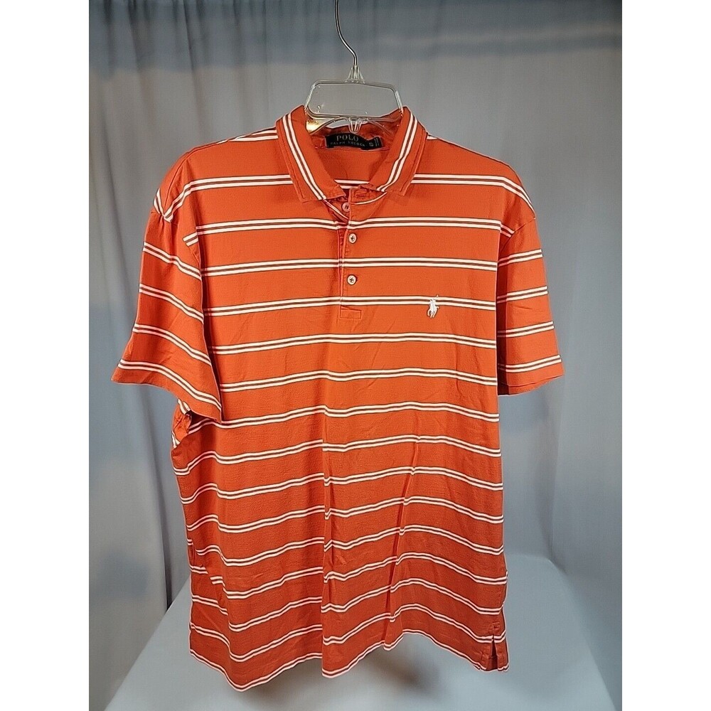 Polo Ralph Lauren Polo Shirt Orange With White Stripes Prima Cotton Mens Size XL